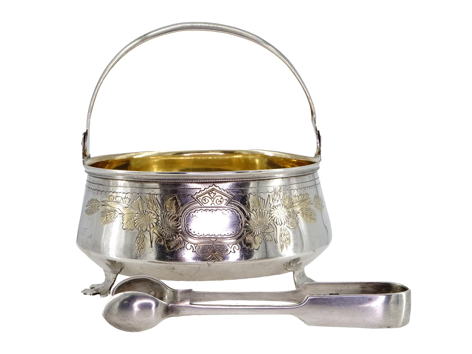 RUSSIAN GILT SILVER SUGAR BOWL WITH SILVER TONG PIC-0